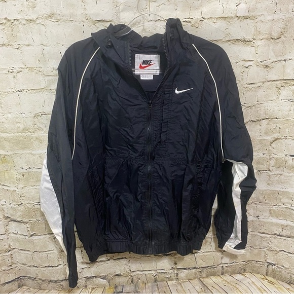 Vintage Jackets & Blazers - Vintage Nike White Tag Black Hooded Zip Up Windbreaker Jacket